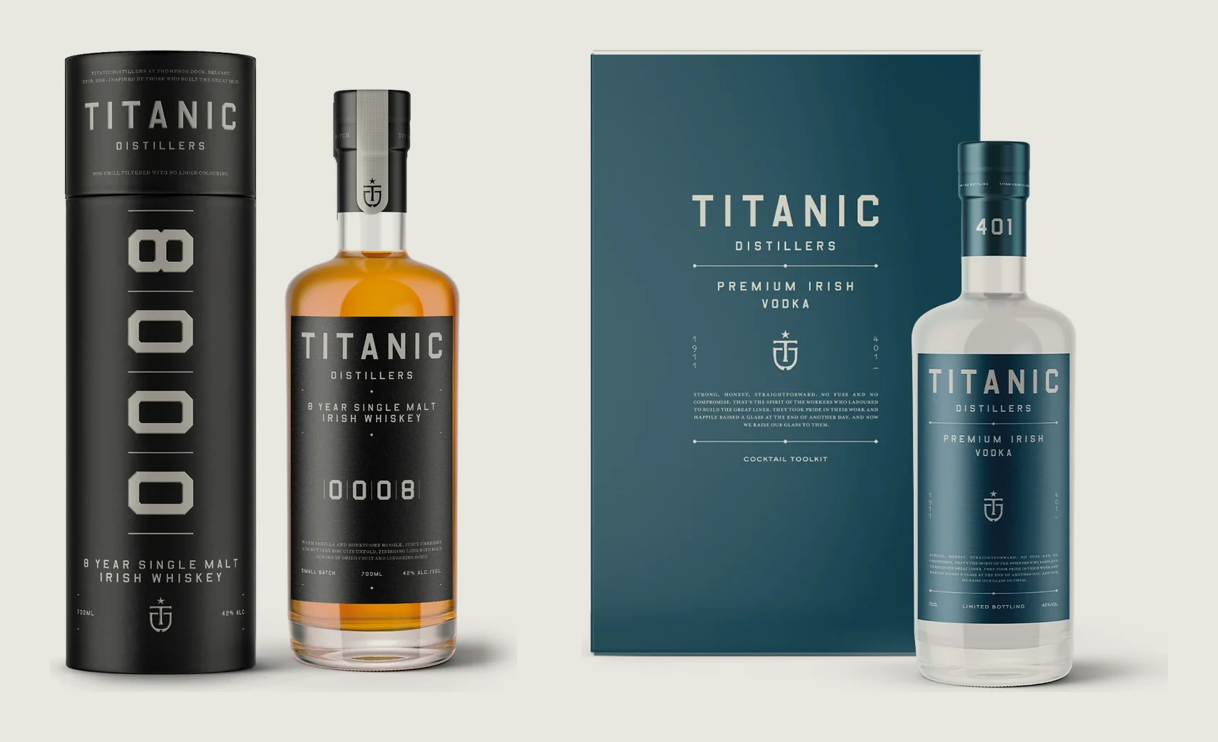 Titanic Distillers 8 Year Single Malt Irish Whiskey and Premium Irish Vodka